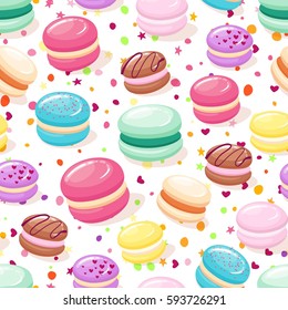 Patrón transparente con coloridas galletas de macarón sobre fondo blanco.Ilustración vectorial estilo caricatura.