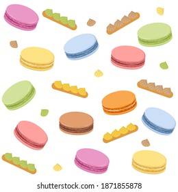 Seamless pattern with colorful macaroon and eclair. Sweet vector print.