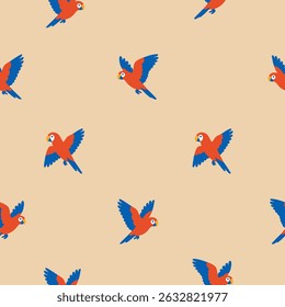 Seamless pattern with colorful macaws flying on a beige background. Bright tropical style, perfect for African themes, textiles, and summer designs.