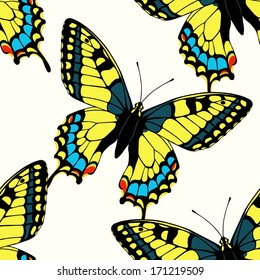 Seamless pattern with colorful machaon swallowtail butterflies. Bright spring summer background. Vector illustration