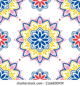 seamless pattern with colorful madala ornament, oriental style, stylized flowers, funky colors, vector illustration