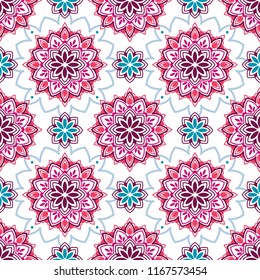 seamless pattern with colorful madala ornament, oriental style, stylized flowers, funky colors, vector illustration