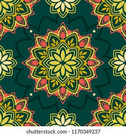 seamless pattern with colorful madala ornament, oriental style, stylized flowers, vector illustration