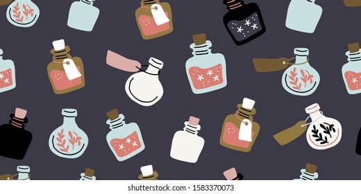 Seamless pattern with colorful magic cartoon bottles and love potions. Vector illustration. Magic elixir hand drawn pattern design on dark background. Scandinavian style magician pattern