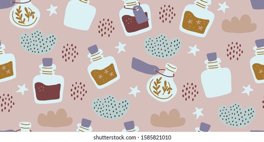 Seamless pattern with colorful magic cartoon bottles and love potions. Vector illustration. Magic elixir hand drawn pattern design. Scandinavian style magician pattern