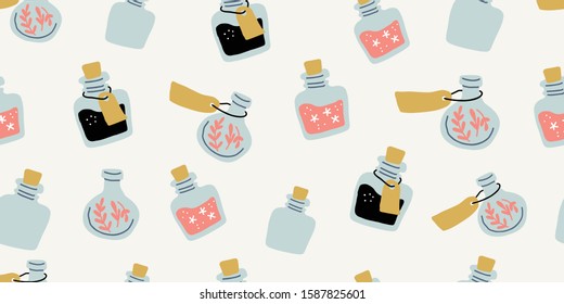 Seamless pattern with colorful magic cartoon bottles and love potions. Vector illustration. Magic elixir hand drawn pattern design. Scandinavian style magician pattern