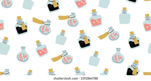 Seamless pattern with colorful magic cartoon bottles and love potions. Vector illustration. Magic elixir hand drawn pattern design. Scandinavian style magician pattern