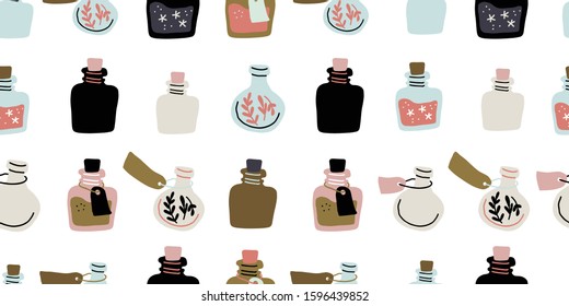 Seamless pattern with colorful magic cartoon bottles and love potions on white. Vector illustration. Magic elixir hand drawn pattern design on light background. Scandinavian style magician pattern