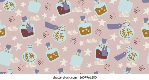 Seamless pattern with colorful magic cartoon bottles and love potions with stars, polka dots. Vector illustration. Magic elixir hand drawn pattern design. Scandinavian style magician pattern