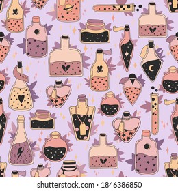 Seamless pattern with colorful magic cartoon bottles and love potions with stars. Vector illustration. Magic elixir hand drawn pattern design.  Decorative cute wallpaper, good for printing.