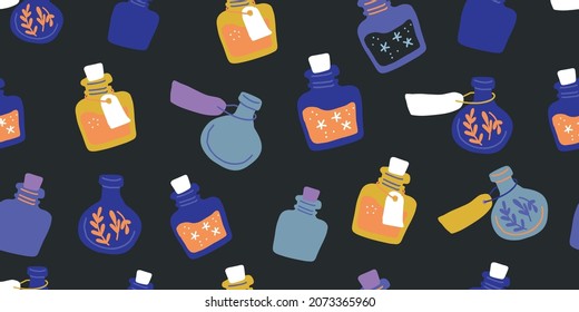 Seamless pattern with colorful magic cartoon bottles and love potions. Vector illustration. Magic elixir hand drawn pattern design in eclectic blue on black back. Scandinavian style magician pattern