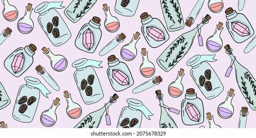 Seamless pattern with colorful magic cartoon bottles and love potions. Vector illustration. Magic elixir hand drawn pattern design. Scandinavian style magician pattern