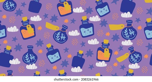 Seamless pattern with colorful magic cartoon bottles and love potions on violet. Vector illustration. Magic elixir hand drawn pattern design on dark background. Scandinavian style magician pattern