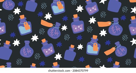 Seamless pattern with colorful magic cartoon bottles and love potions on black. Vector illustration. Magic elixir hand drawn pattern design on dark background. Scandinavian style magician pattern