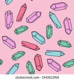 Patrón sin foco con cristales mágicos coloridos. Ilustración de tipo caricatura para una impresión de tela.