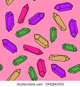 Seamless pattern with colorful magic crystals. Cute cartoon-style illustration for a fabric print.