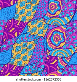 Seamless pattern with colorful magic mushrooms in doodle style. 60s hippie psychedelic art. Vector. Print for fabric