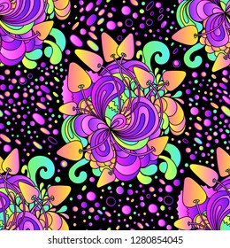 Nahtloses Muster mit bunten Zauberpilzen im Doodle-Stil. 60er Jahre Hippie psychedelische Kunst. Print für Stoff