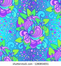 Seamless pattern with colorful magic mushrooms in doodle style. 60s hippie psychedelic art. Print for fabric