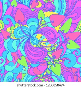 Seamless pattern with colorful magic mushrooms in doodle style. 60s hippie psychedelic art. Print for fabric