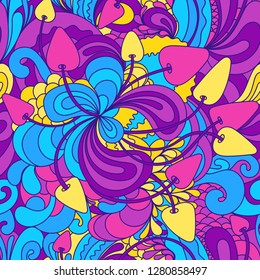 Seamless pattern with colorful magic mushrooms in doodle style. 60s hippie psychedelic art. Print for fabric