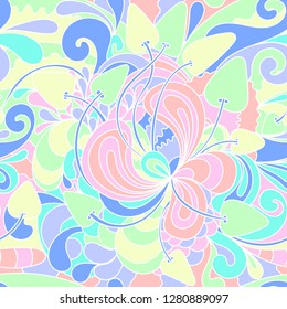 Seamless pattern with colorful magic mushrooms in doodle style. 60s hippie psychedelic art. Vector. Print for fabric