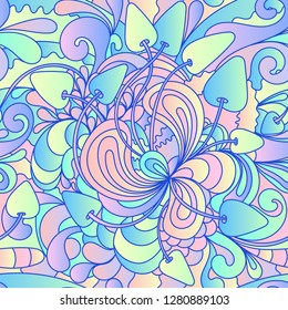 Seamless pattern with colorful magic mushrooms in doodle style. 60s hippie psychedelic art. Vector. Print for fabric