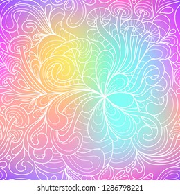Seamless pattern with colorful magic mushrooms in doodle style. 60s hippie psychedelic art. Vector. Print for fabric