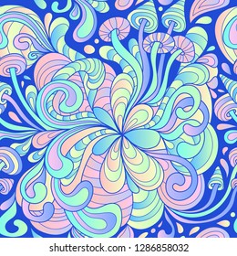 Seamless pattern with colorful magic mushrooms in doodle style. 60s hippie psychedelic art. Vector. Print for fabric