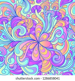 Seamless pattern with colorful magic mushrooms in doodle style. 60s hippie psychedelic art. Vector. Print for fabric