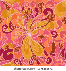 Seamless pattern with colorful magic mushrooms in doodle style. 60s hippie psychedelic art. Vector. Print for fabric