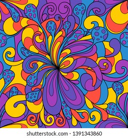 Seamless pattern with colorful magic mushrooms in doodle style. 60s hippie psychedelic art. Vector. Print for fabric