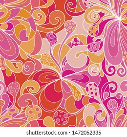 Seamless pattern with colorful magic mushrooms in doodle style. 60s hippie psychedelic art. Vector. Print for fabric