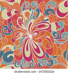 Seamless pattern with colorful magic mushrooms in doodle style. 60s hippie psychedelic art. Vector. Print for fabric