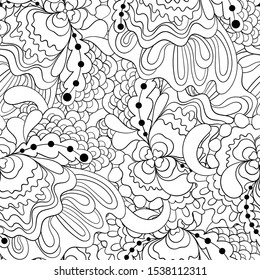 Seamless pattern with colorful magic mushrooms in doodle style. 60s hippie psychedelic art. Vector. Print for fabric