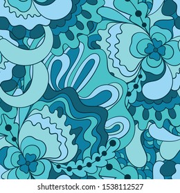 Seamless pattern with colorful magic mushrooms in doodle style. 60s hippie psychedelic art. Vector. Print for fabric