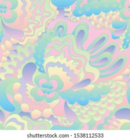 Seamless pattern with colorful magic mushrooms in doodle style. 60s hippie psychedelic art. Vector. Print for fabric