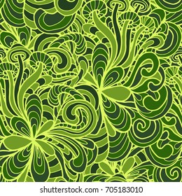 Seamless pattern with colorful magic mushrooms in doodle style. 60s hippie psychedelic art. Vector. Print for fabric