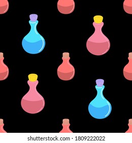 Seamless pattern with colorful magic potions on a black background.The concept of Halloween and witchcraft