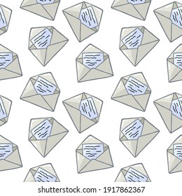 Seamless pattern with colorful Mail envelopes. Mail and post office. For printing wrapping paper, wallpaper, packaging, fabric. Hand Drawn vector illustration.