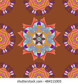 Seamless pattern with colorful mandala on brown background. Vector.