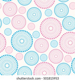 Seamless pattern with colorful  mandala on white background. Round ornament in blue and pink colors.