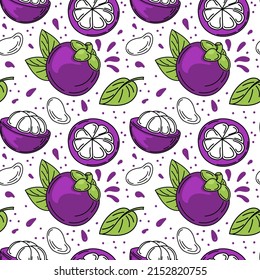 A seamless pattern of colorful mangosteen fruit, pulp, and leaves, hand-drawn sketches with doodle elements. Exotic Fruit. Thailand. Vector illustration.