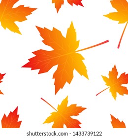Seamless pattern with colorful maple leaves in flat style. Vector illustration on white background