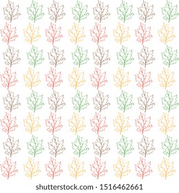 Seamless pattern with colorful maple leaves on a white background. Vector illustration for textile, surface, packaging, packaging design.