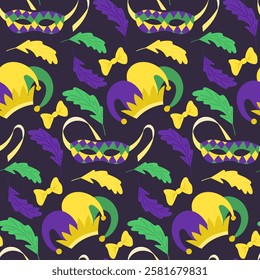 Seamless pattern with colorful Mardi Gras masks, jester hats, feathers, and bows in purple, green, and yellow on a dark background. Vector holiday hand drawn illustration