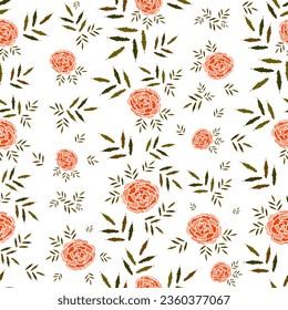 Seamless pattern with colorful marigold flowers with jagged leaves and petals  on a white background