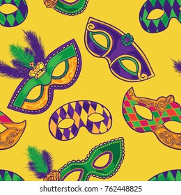 Seamless Pattern of Colorful Mask and Beads for Mardi Gras Celebration Carnival 