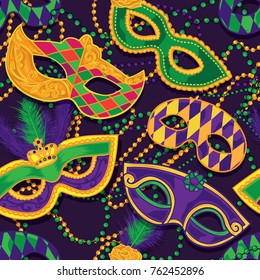 Seamless Pattern of Colorful Mask and Beads for Mardi Gras Celebration Carnival