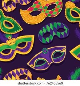 Seamless Pattern of Colorful Mask and Beads for Mardi Gras Celebration Carnival